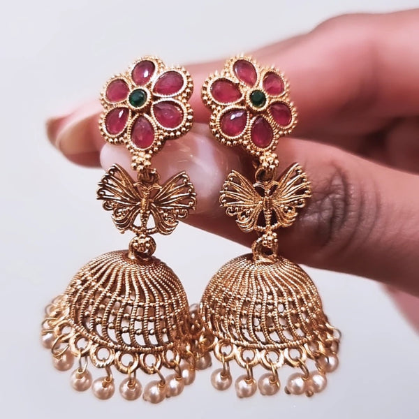 Gold plated Polki Jhumkis - Red HNS Studio Canada 