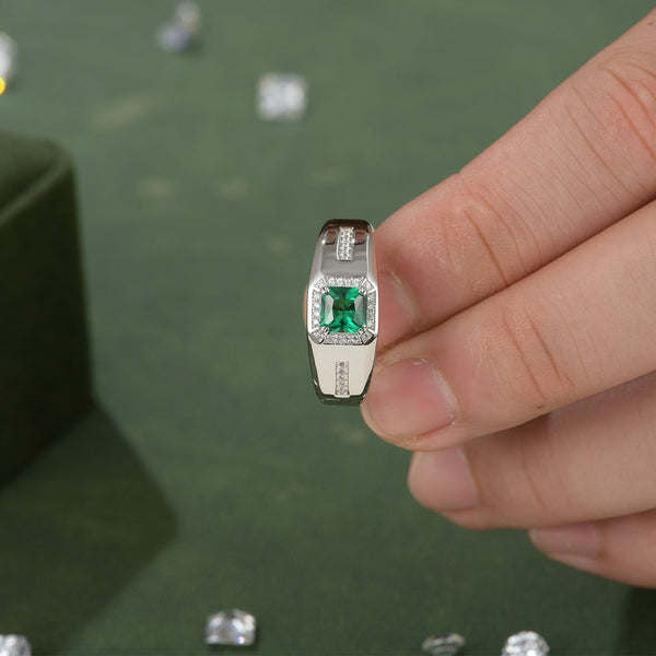 Men’s Emerald Stone Ring – 925 Sterling Silver Vintage Statement Band | May Birthstone Jewelry