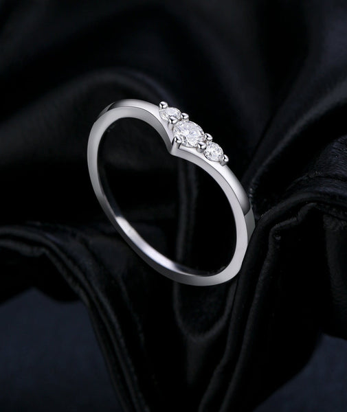 Three Stone Moissanite Thin Band Ring – 925 Sterling Silver Diamond Alternative Engagement Ring | HNS Studio