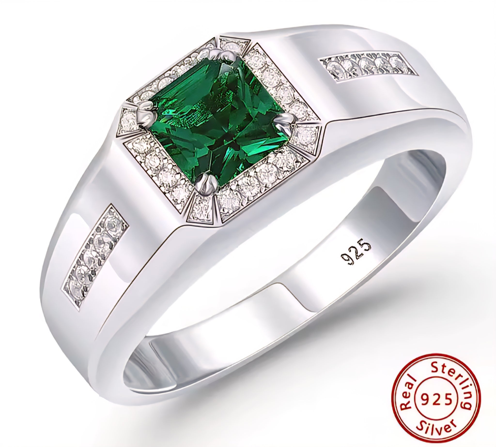 Men’s Emerald Stone Ring – 925 Sterling Silver Vintage Statement Band | May Birthstone Jewelry