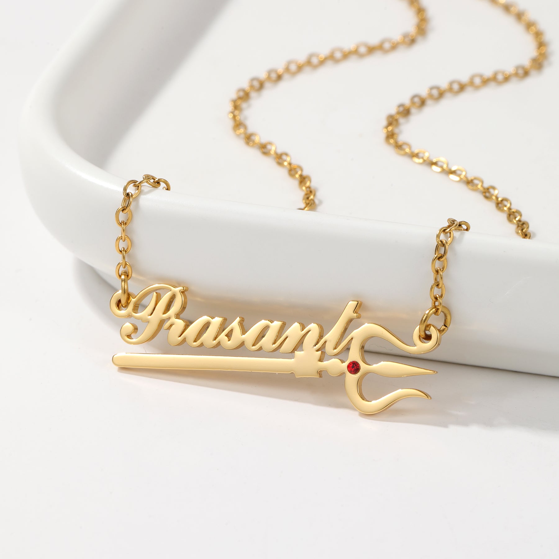 Custom Name Necklace with Trishul Symbol & Birthstone HNS Studio Canada 