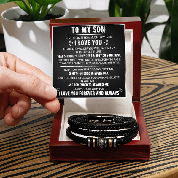 To My Son Never Forget How Much I Love You Braided Leather Bracelet- Led Box