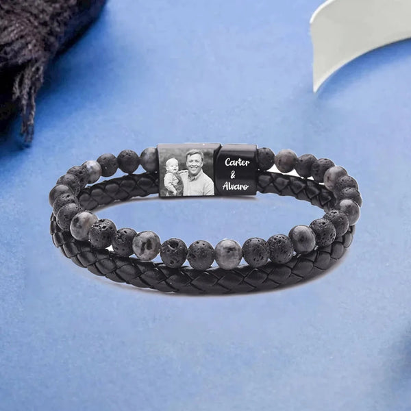 Personalized Photo Bracelet for Men – Custom Engraved Leather & Beaded Bracelet with Photo and Names