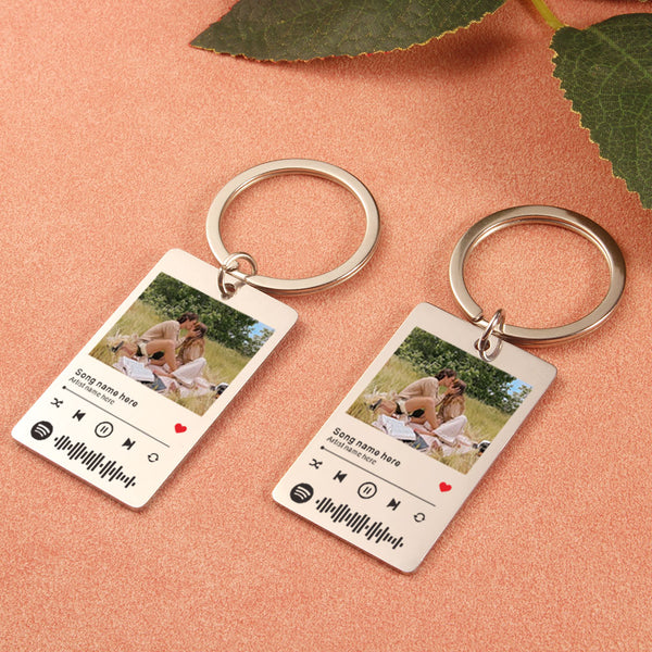 Two keychains with music player design and photo of people on a pink surface with leaves.