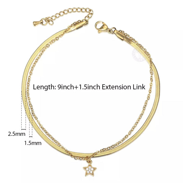 Gold Plated Herringbone Chain Two Layers Anklet with Star Charm HNS Studio Canada 