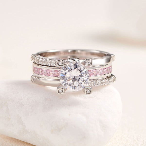 1.8 Carats  Sterling Silver Women's Wedding Ring Set with Pink Band HNS Studio Canada 