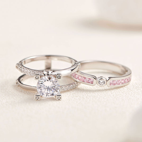 1.8 Carats  Sterling Silver Women's Wedding Ring Set with Pink Band