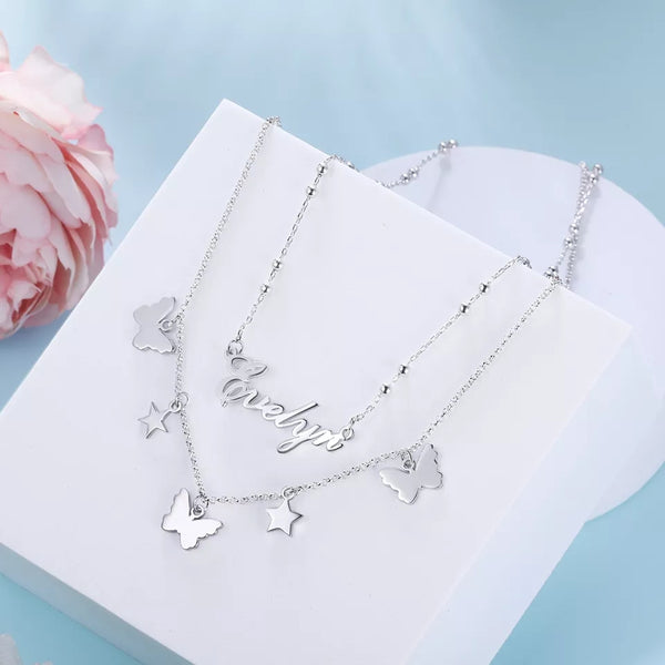Sterling Silver Double Layer Name Necklace with Butterfly and Stars HNS Studio Canada 