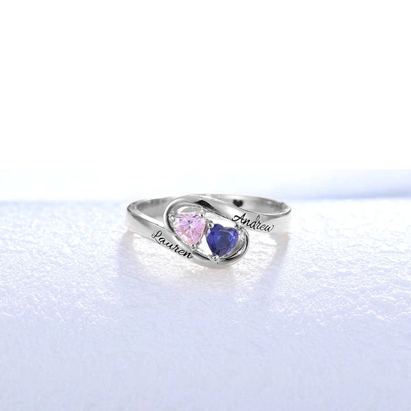 Pair of Hearts Sterling Silver Ring with Birthstones and Names - HNS Studio