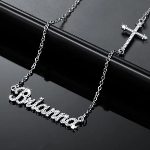 Custom Name necklace with Sideways Bling Cross