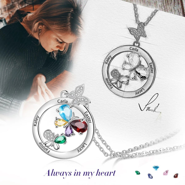 Personalized Butterfly Family Names Necklace with Birthstones HNS Studio Canada 