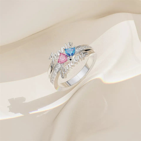 Personalized 3D Two Names Ring with Birthstones