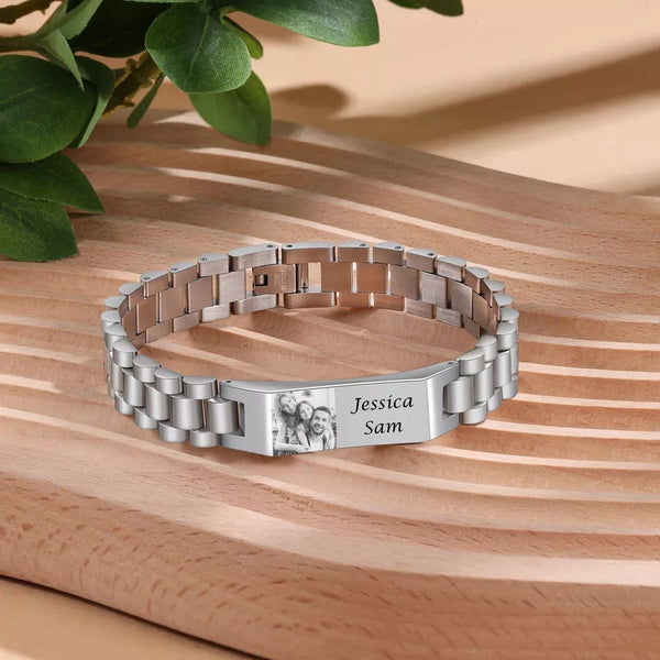 Custom Engraved Photo and Name Bracelet for Men Stainless Steel HNS Studio Canada 