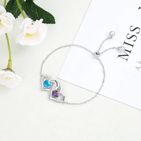 Interlocking Heart Silver Bracelet with Names and Birthstones HNS Studio Canada 