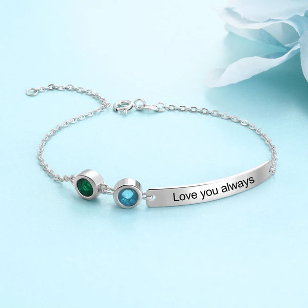 Personalized Bracelet with two Birthstones and Engraved Message - HNS Studio