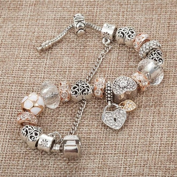 Pink Hearts Silver Charm Bracelet for Women