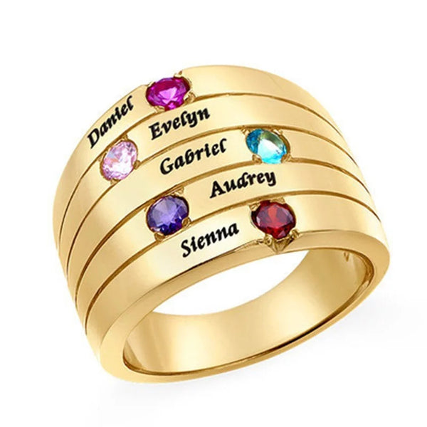 Engraved Five Birthstones and  Names Ring