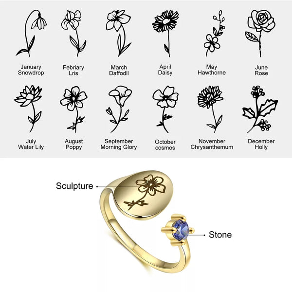 Personalized Birth Flower Signet Ring HNS Studio Canada 