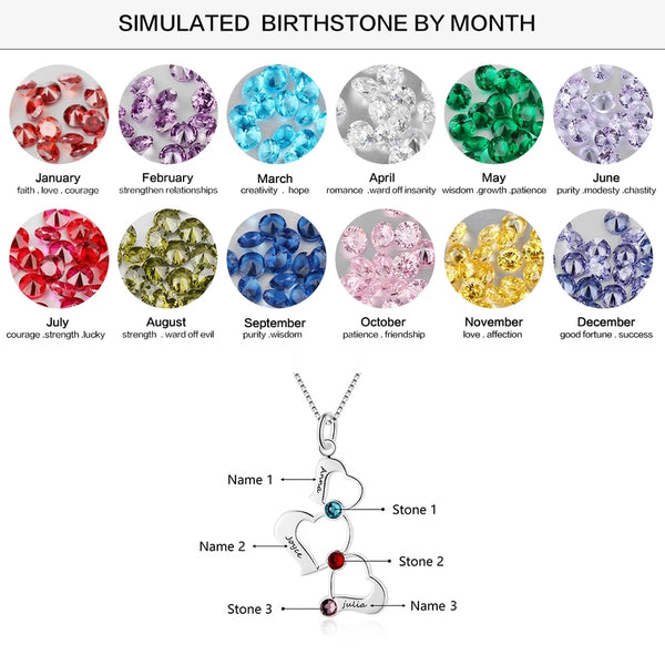 Three Hearts Name Necklace with Birthstones HNS Studio