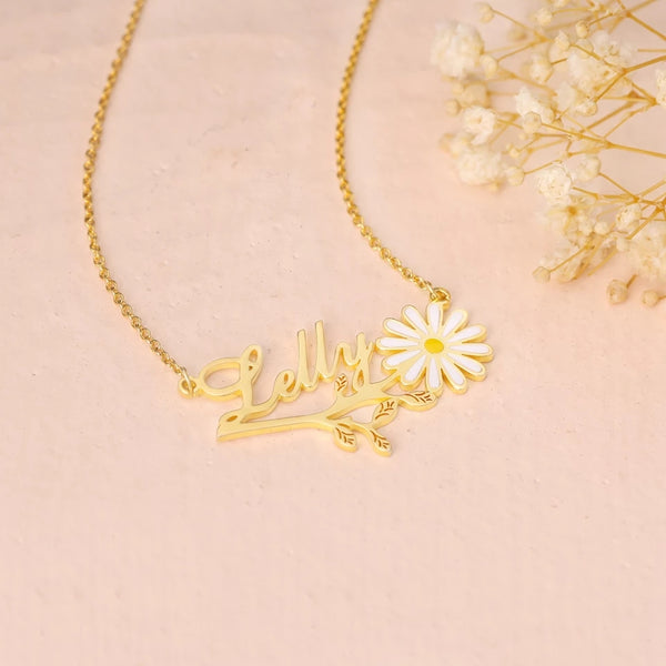 Name Necklace with Daisy Flower HNS Studio Canada 