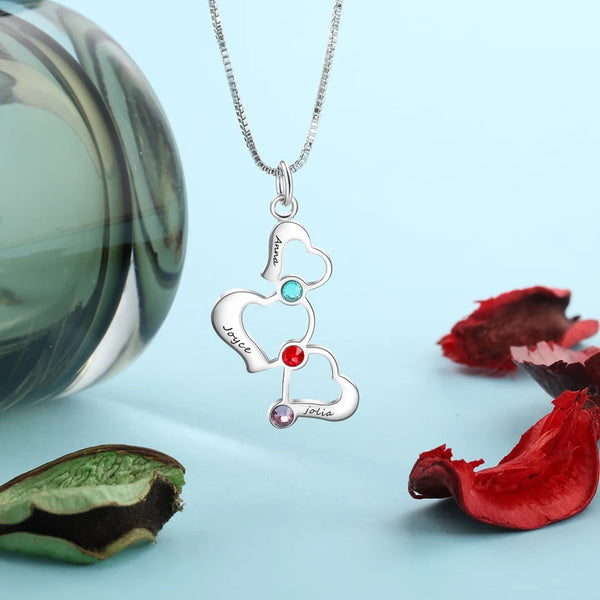Three Hearts Name Necklace with Birthstones HNS Studio