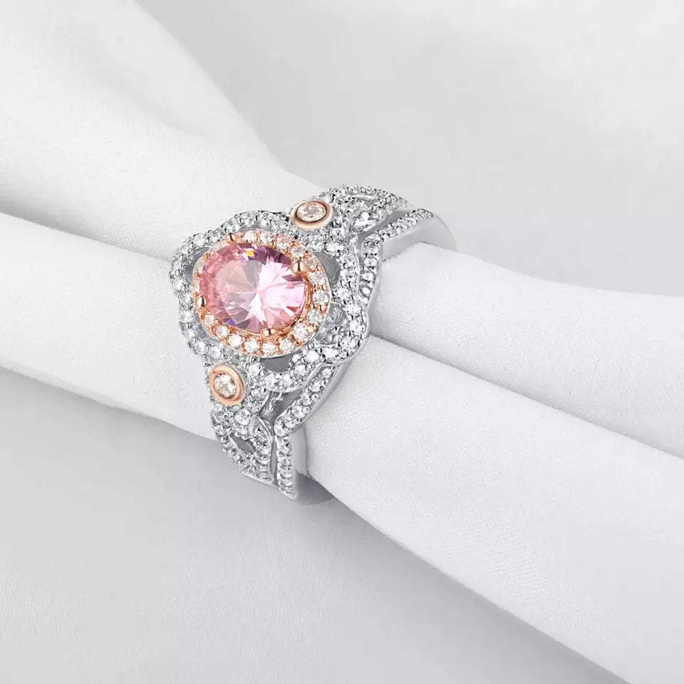 Halo Oval Cut Pink Stone Sterling Silver Ring