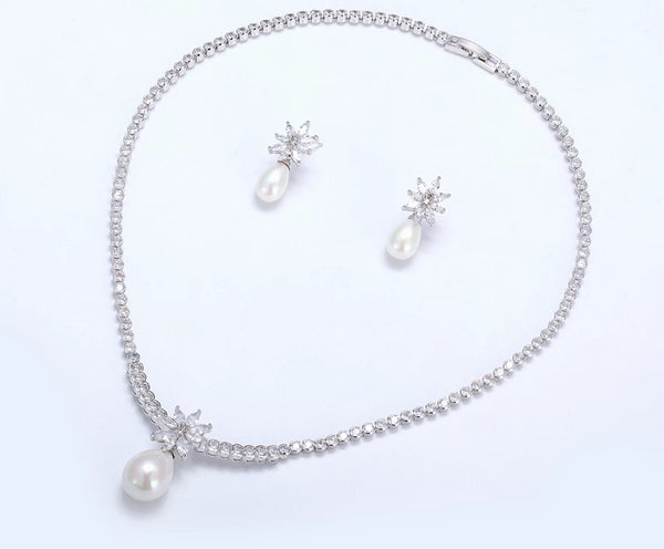 Pearl and Cubic Zirconia Necklace and Earring Set - HNS Studio