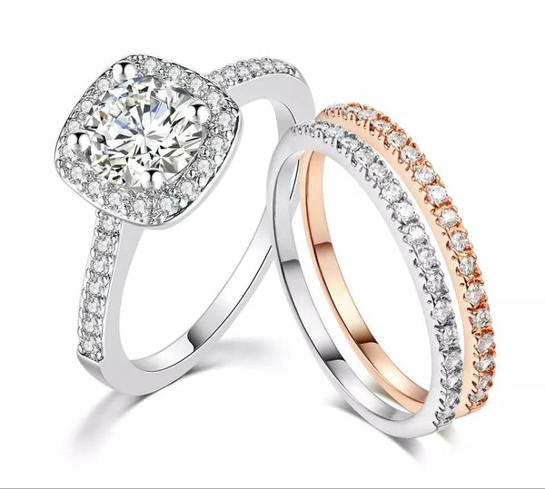 Silver CZ Engagement Wedding Ring Set - HNS Studio