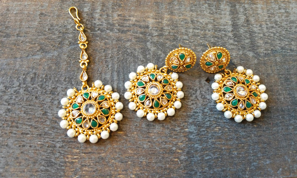 Golden Polki Necklace, Green Tumbled Drop Earrings and Maang Tikka Set - HNS Studio