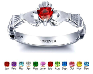 Personalized Sterling Silver Claddagh Ring with Birthstone and Message - HNS Studio