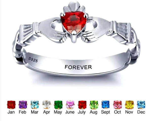 Personalized Sterling Silver Claddagh Ring with Birthstone and Message - HNS Studio