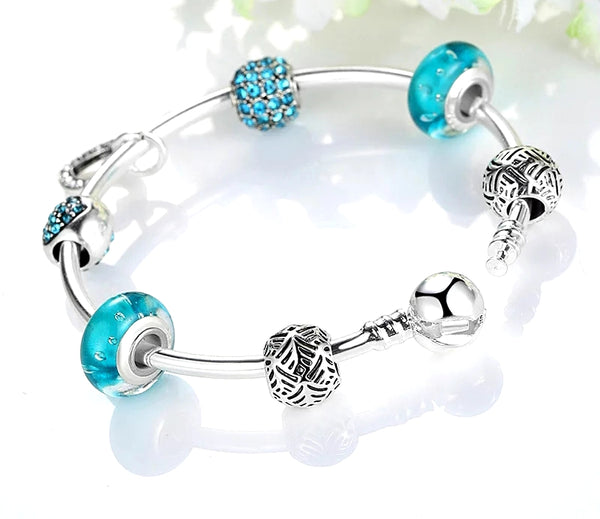 Silver Charm Bangle Bracelet with Blue European Beads - HNS Studio