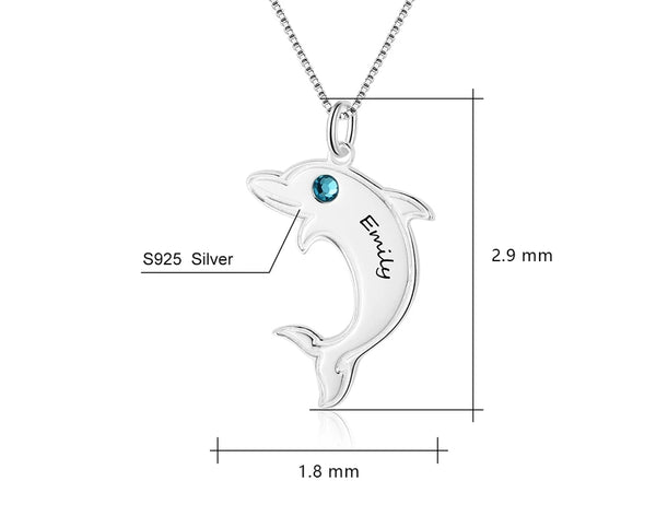 Personalized Sterling Silver Dolphin Necklace with Birthstone and name - HNS Studio