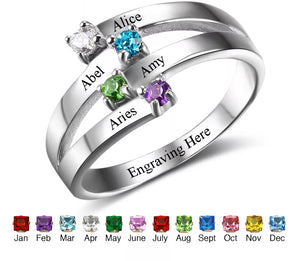 Personalized Sterling Silver family names Ring with Birthstones - HNS Studio