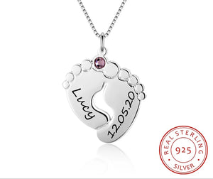 Engraved Baby Feet Family Necklace With Birthstone Sterling Silver - HNS Studio