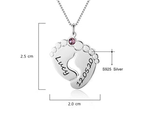 Engraved Baby Feet Family Necklace With Birthstone Sterling Silver - HNS Studio