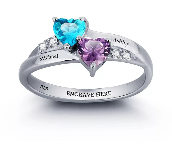 Personalized Sterling Silver Ring with Birthstones and Names - HNS Studio