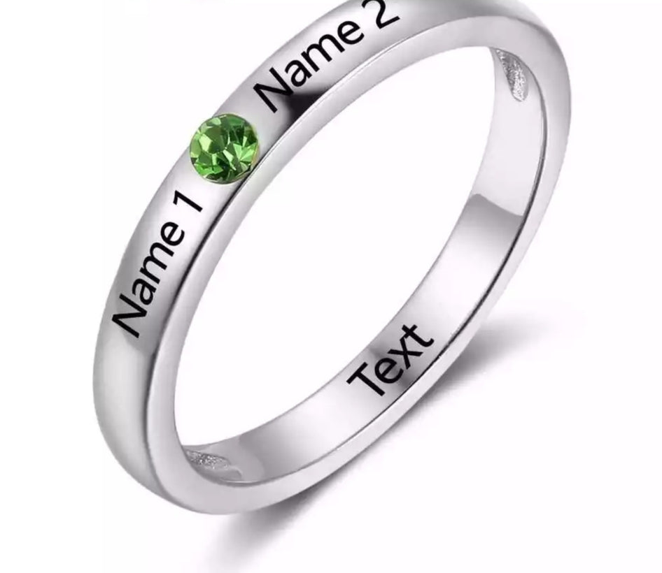 Personalized Sterling Silver Ring with Birthstone and names - HNS Studio