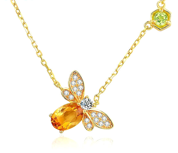 Sterling Silver 14k Gold plated Honey Bee Necklace with Citrine stone - HNS Studio