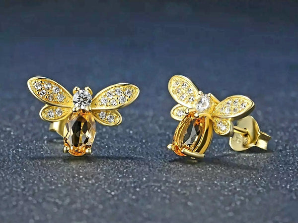 Sterling Silver 14k Gold plated Honey Bee Earrings with Citrine stone - HNS Studio