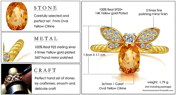Citrine Sterling Silver 14K Gold plated Honey Bee Ring - HNS Studio