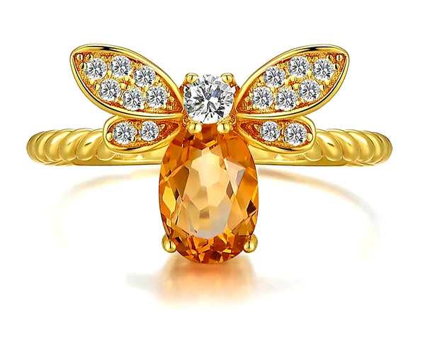 Citrine Sterling Silver 14K Gold plated Honey Bee Ring - HNS Studio