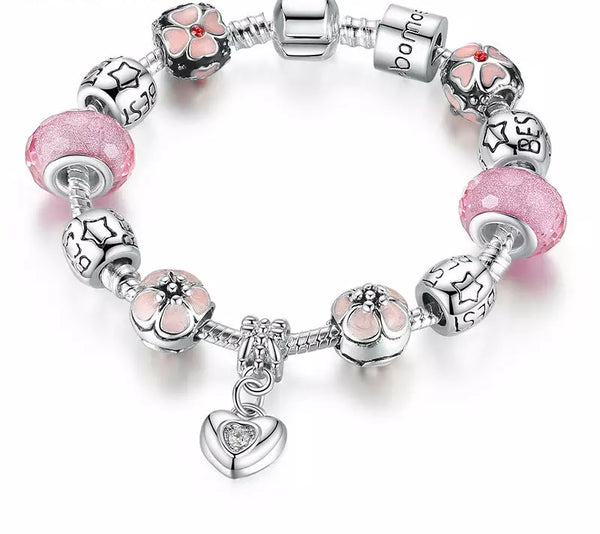 Pink Beads Charm Bracelet with Heart Pendant - HNS Studio