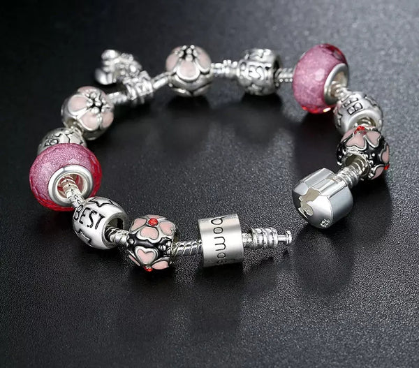 Pink Beads Charm Bracelet with Heart Pendant - HNS Studio