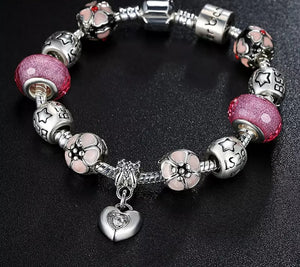 Pink Beads Charm Bracelet with Heart Pendant - HNS Studio