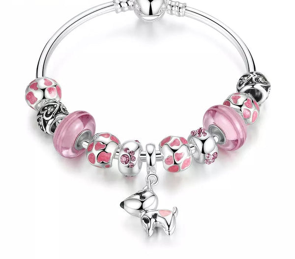 Pink Silver Charms bracelet with Cute Dog Charm - HNS Studio