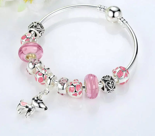 Pink Silver Charms bracelet with Cute Dog Charm - HNS Studio