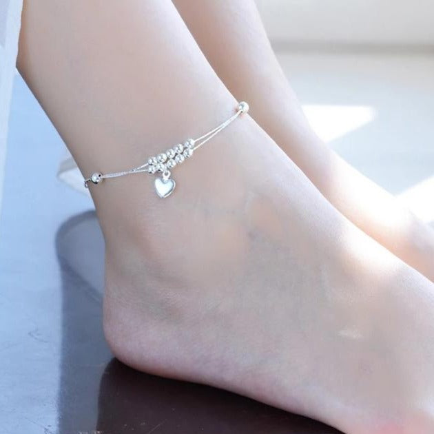 925 Sterling Silver Simple Heart Beads Anklet Bracelet - HNS Studio