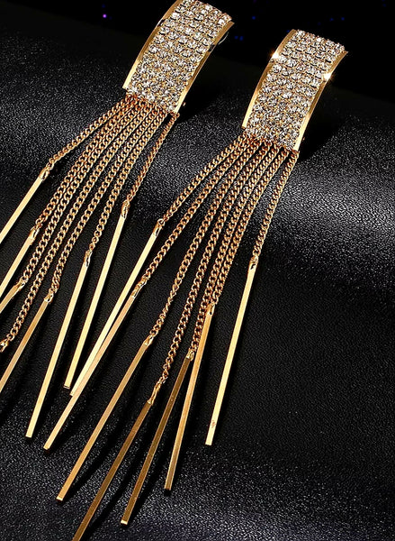 Gold Long Crystal Tassel Earrings - HNS Studio