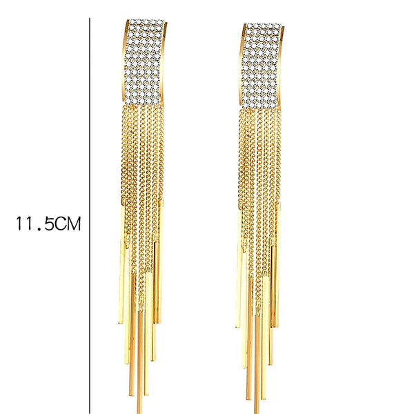 Gold Long Crystal Tassel Earrings - HNS Studio